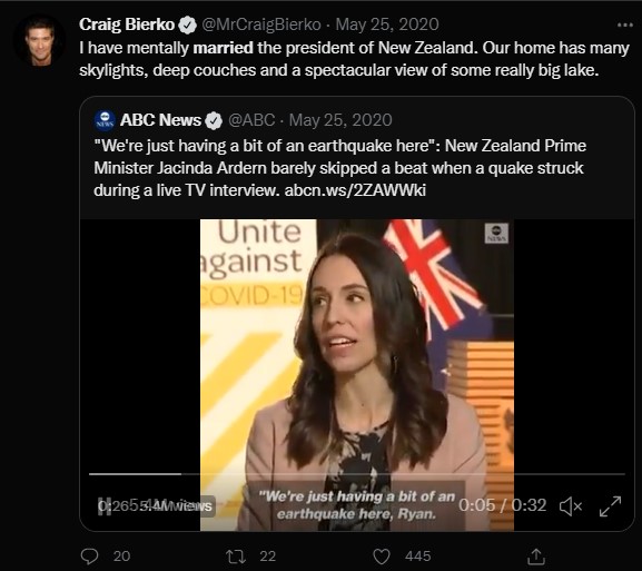 Craig Bierko tweeting about being married to Jacinda Ardern.  